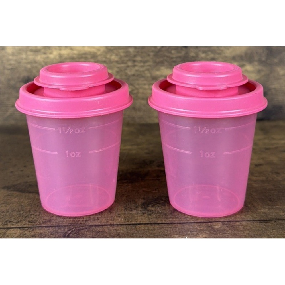 Tupperware Mini Salt & Pepper Shaker Set 2oz Pink Travel Spice Cups W/ Pink Lids